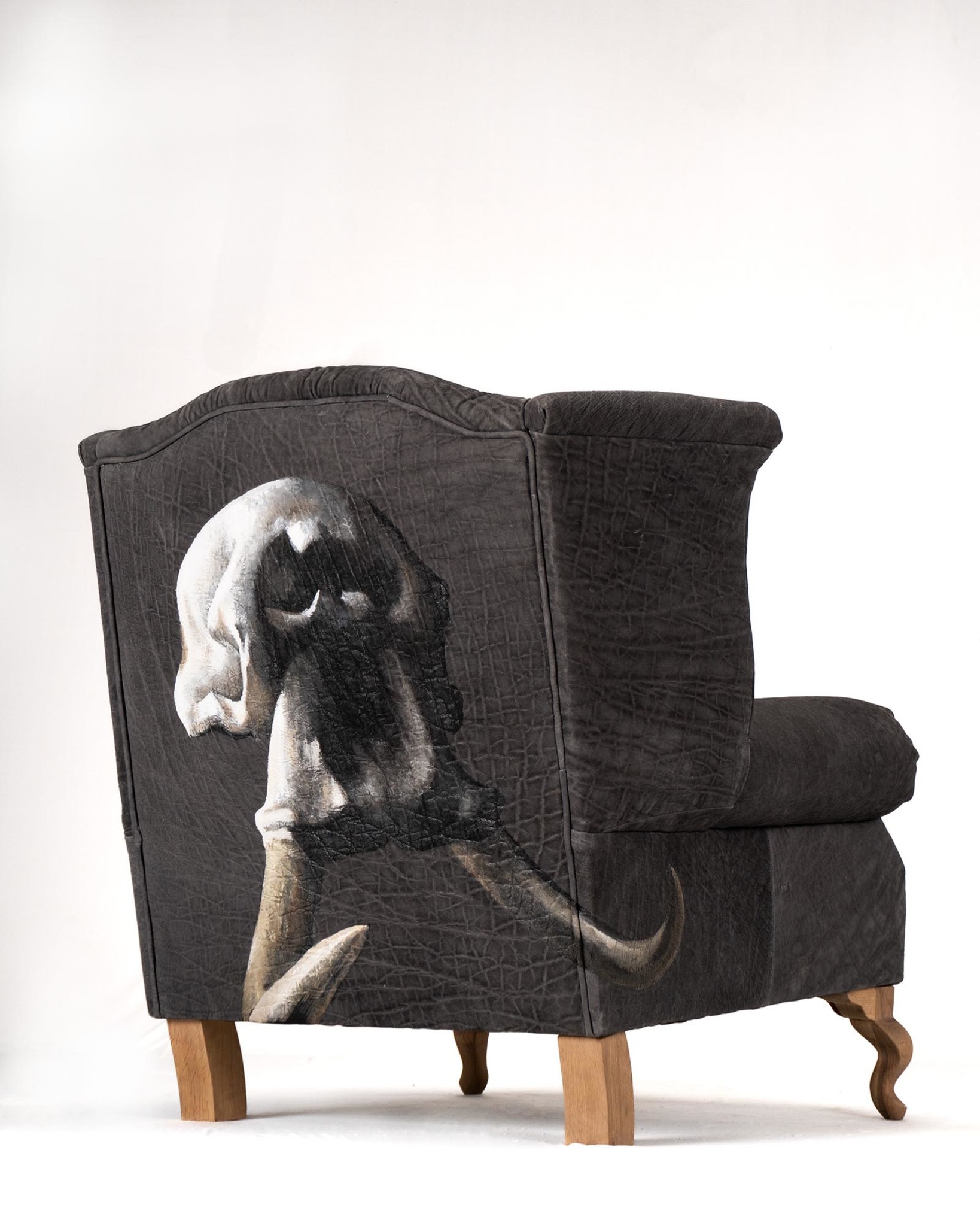 Splitting Image -Elephant hide wingback chair with handprinted artwork